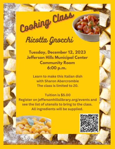 Gnocchi class December 13 at Jefferson Hills Library