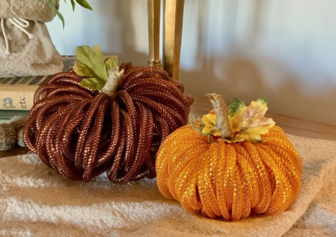 Pumpkins made from mesh tubing.