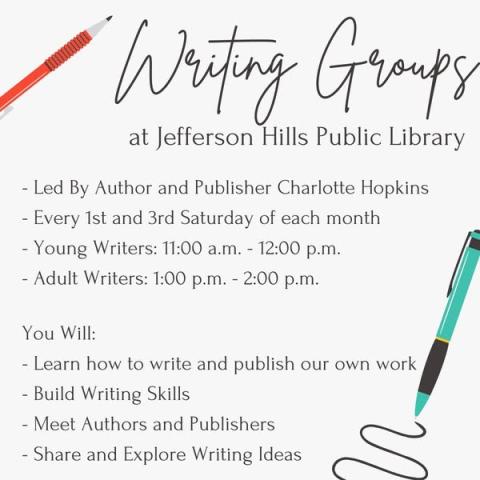 Adult Writing Groups are available on the first and third Saturday of each month.