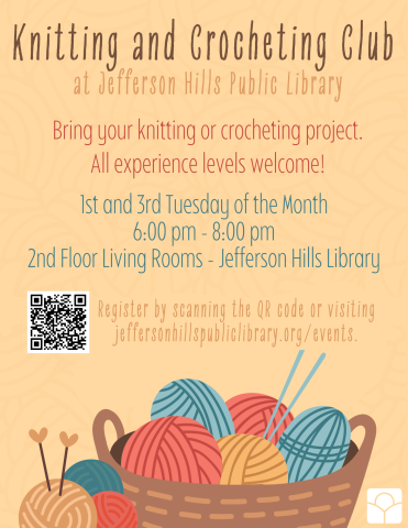 Knitting and Crocheting Club meets on the first and third Tuesday of each month from six to eight pm.