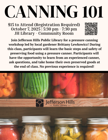 Canning 101 Workshop on October 7 at 5:30pm.