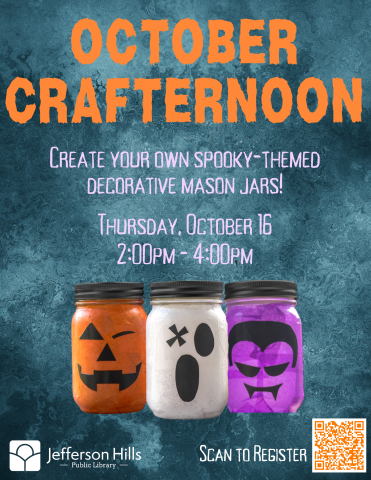 October crafternoon photo of three mason jars decorated like pumpkins, ghosts, and Frankenstein.