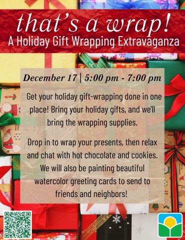 Gift wrap background with event information.