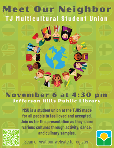 Green flyer with information in gray text to join the library on November 6.