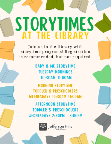 Flyer of library storytimes with books.