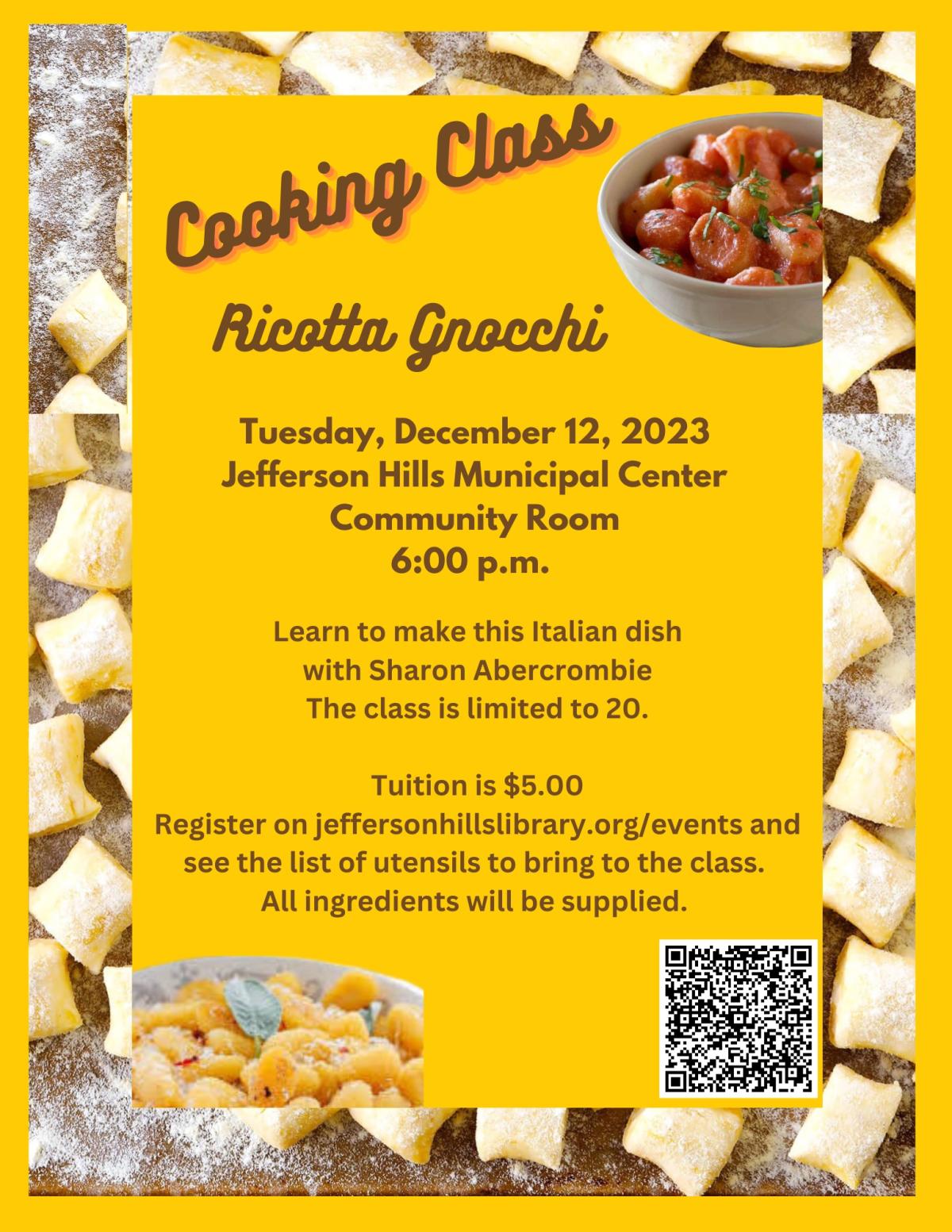 Gnocchi class December 13 at Jefferson Hills Library