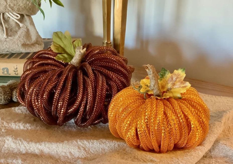 Pumpkins made from mesh tubing.