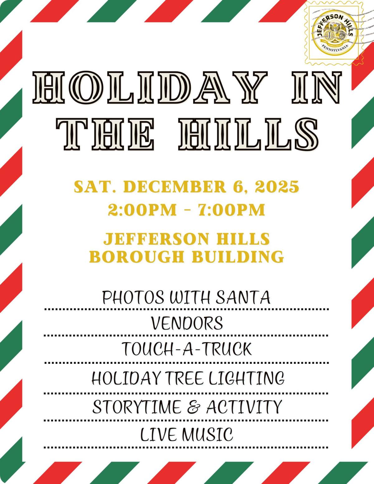Holiday postcard with event info in black and gold.