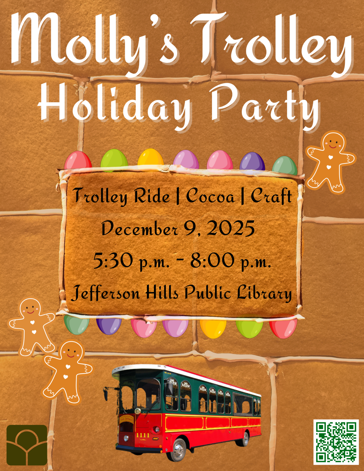 Gingerbread background with event information in white and black text.